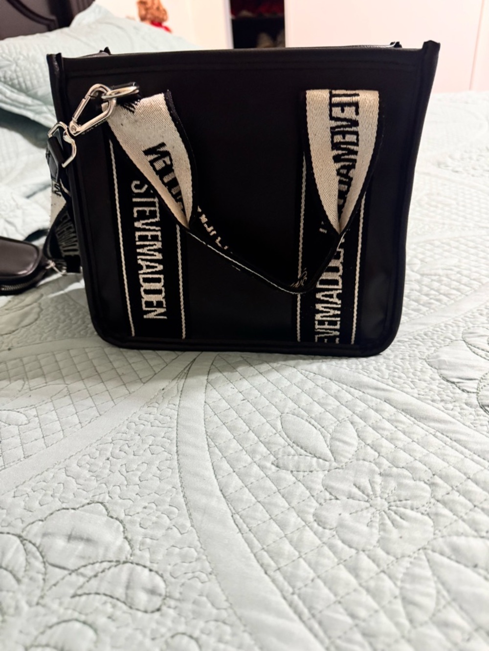 Steve Madden Black Crossbody Pouch with Cream Logo Strap
